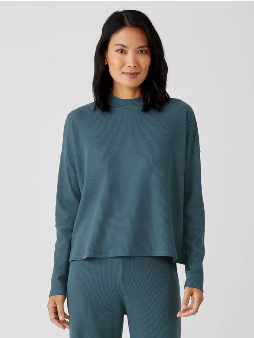 Eileen Fisher Relaxed Mock-Neck Top in Teal-Blue - Picture 1 of 4